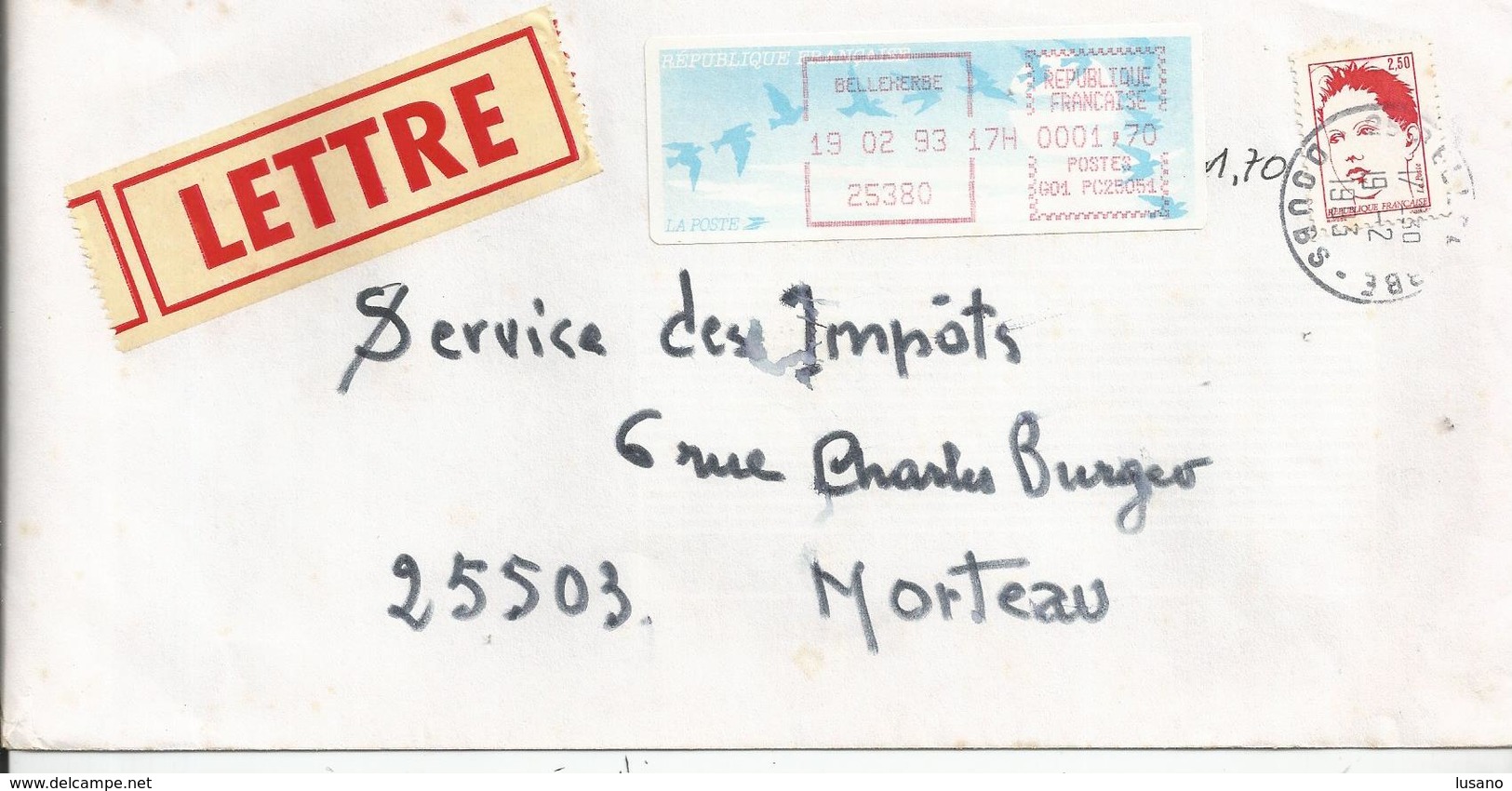 Vignette D'affranchissement Type "Oiseaux De Jubert" Sur Enveloppe - Bureau De Belleherbe (Doubs) - 1990 Type « Oiseaux De Jubert »