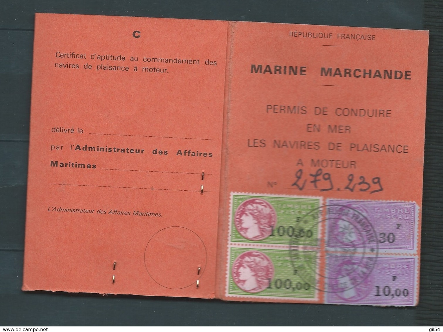 Marine Marchande , Permis De Conduire En Mer Délivré En 1983 , Voit Fiscaux - Lo43301 - Sonstige & Ohne Zuordnung