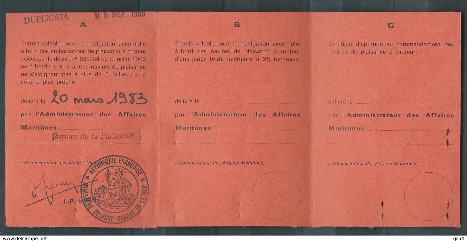 Marine Marchande , Permis De Conduire En Mer Délivré En 1983 , Voit Fiscaux - Lo43301 - Sonstige & Ohne Zuordnung