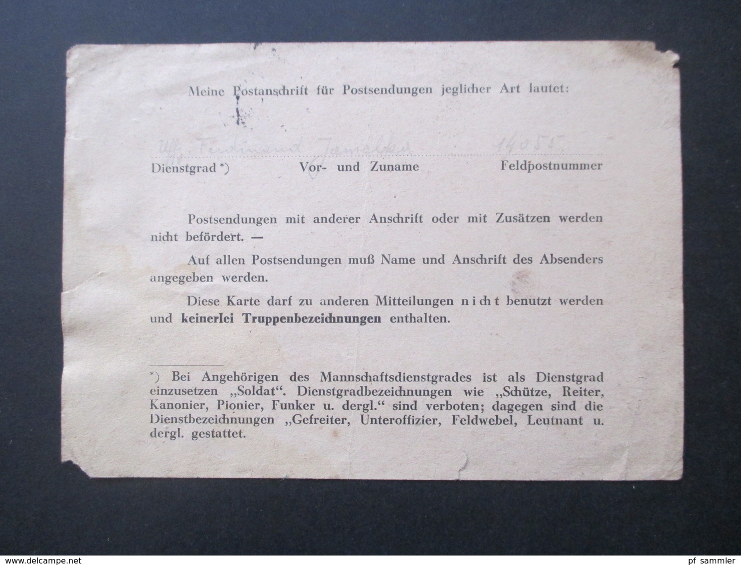 3. Reich 1944 Feldpost 2. WK Gedruckte Feldpostkarte Mit Der Postanschrift Für Jegliche Postsendungen - Lettres & Documents