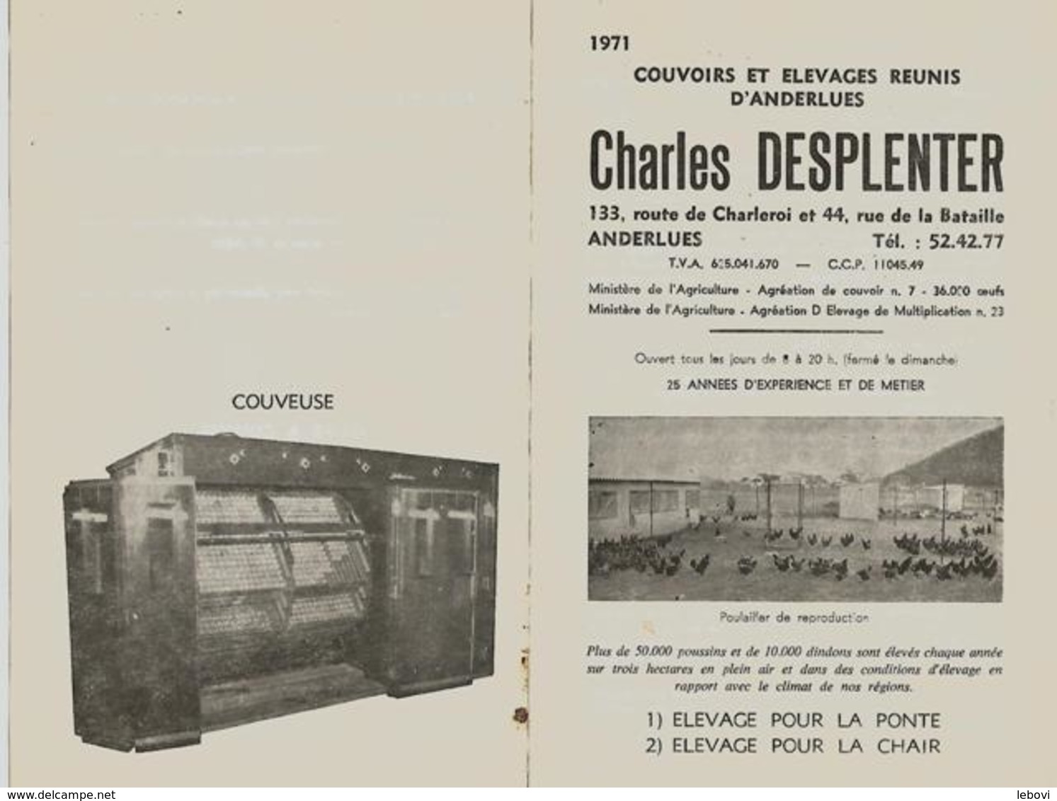 Couvoirs Et élevages Réunis D’ANDERLUES – Ch. Desplenter – Encart Publicitaire (1971) - Publicités