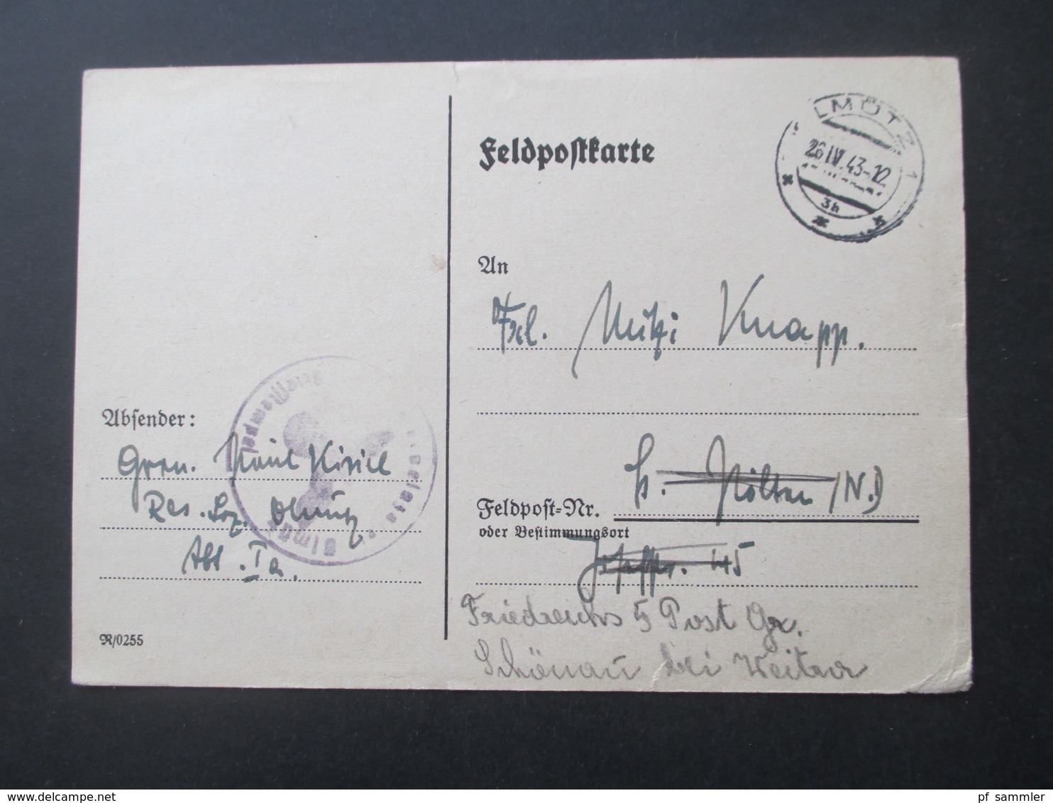 3. Reich 1943 Feldpostkarte 2. WK Stempel Olmütz Nach St. Pölten Und Dort Weitergeleitet! CSR Stempel Olmütz 3 H - Lettres & Documents