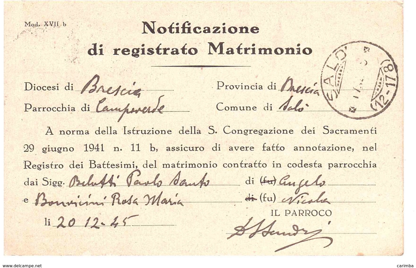 NOTIFICAZIONE DI REGISTRATO MATRIMONIO ANNULLO SALO' ( 12-178 ) - 1946-60: Storia Postale