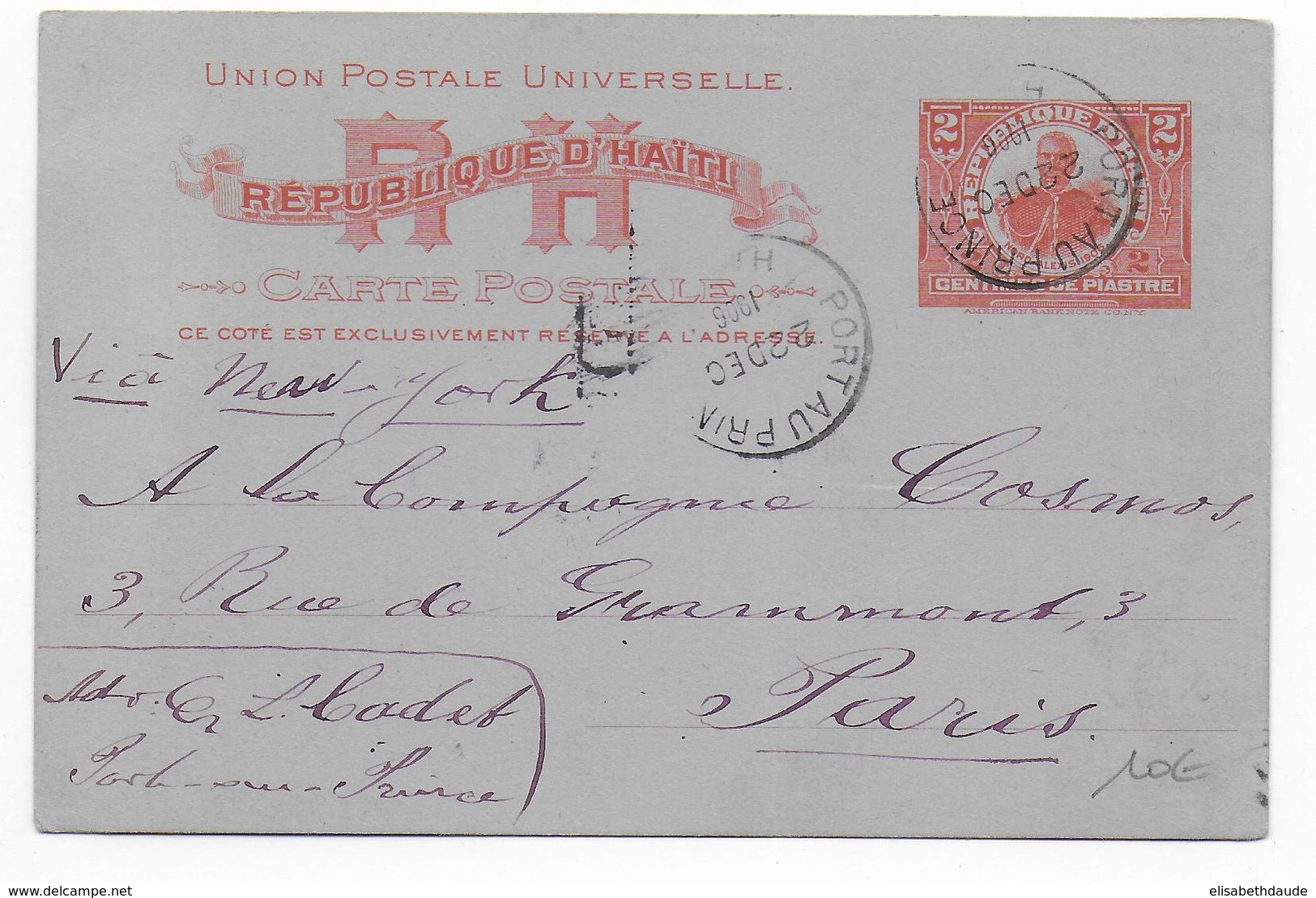 HAITI - 1906 - CARTE ENTIER De PORT AU PRINCE  => PARIS - Haiti