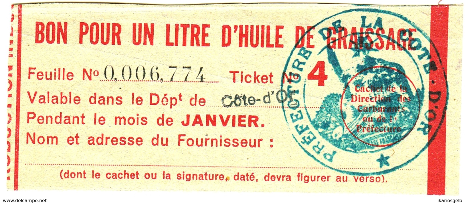 Coupon D'achat 1944 Dijon ( Cote-de-Or ) " Bon Pour Un Litre D'huile De Graissage " Carte Ravitaillement F - Specimen