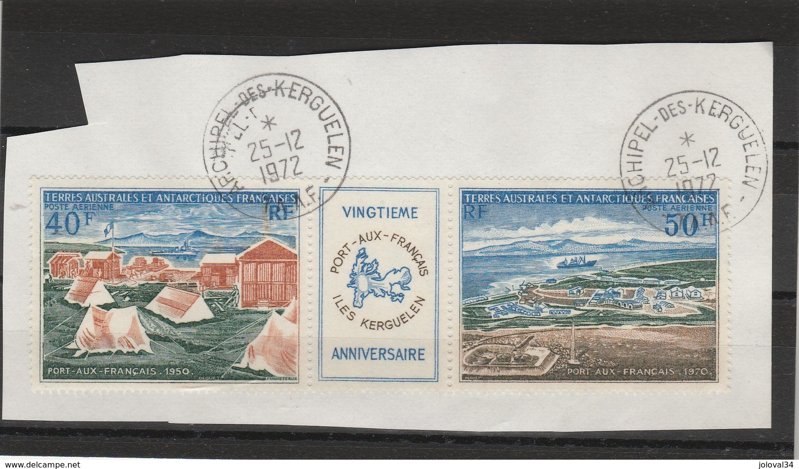 TAAF Yvert PA 26A Triptyque Oblitéré Sur Fragment ( 1 )  Archipel Des Kerguelen 25/12/1972 - Port Aux Français - Oblitérés