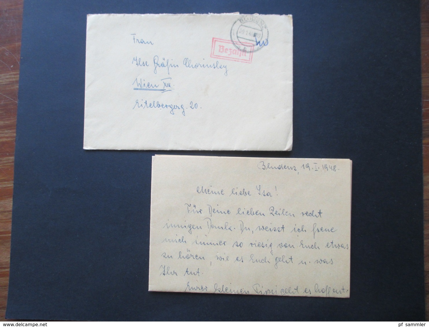 Österreich 1948 Notmaßnahme Gummistempel Bezahlt Und Handschriftl 40 Tagesstempel Bludenz Gräfin Chorinsky Wien - Cartas & Documentos