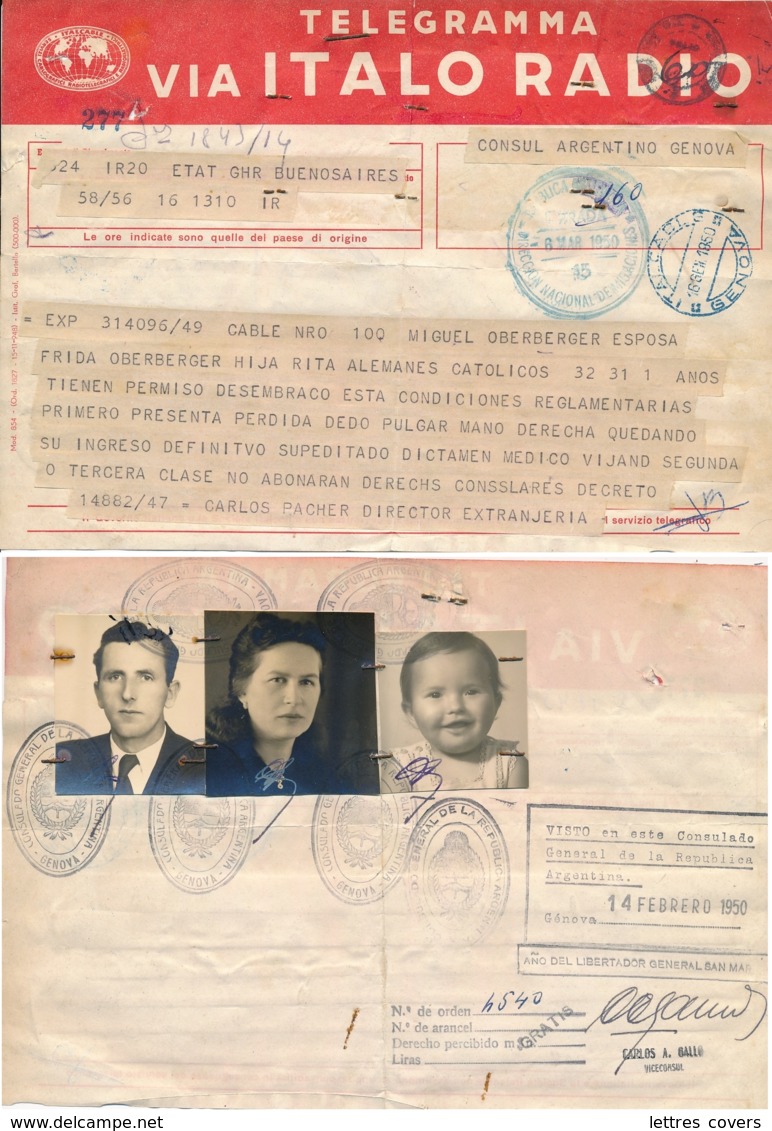 1950 TELEGRAMME CONSUL ARGENTINE EN ITALIE Comme PASSEPORT Pour IMMIGRATION Famille Allemande - Telegramma Italo Radio - Documentos Históricos