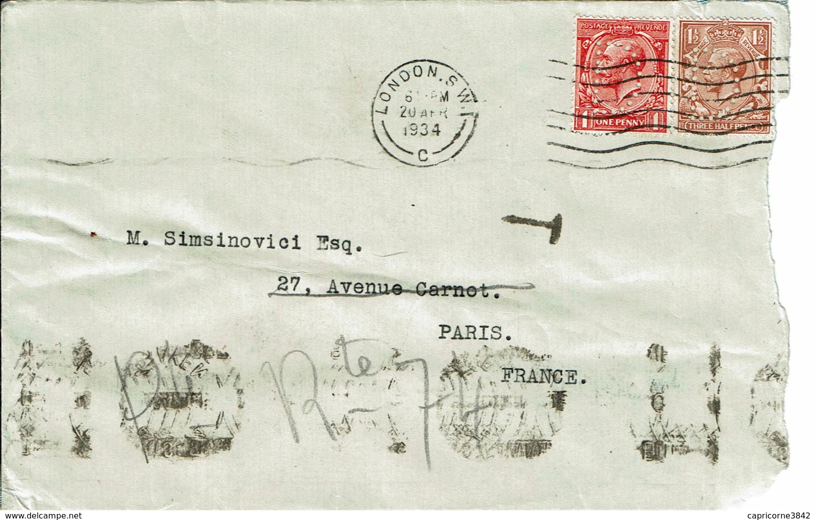 1934 - Lettre De Londres Pour Paris - Tp N° 140 + 141  Perforés D (John DEWAR & SONS Ltd) + Taxe Pour Poste Restante - Perfins