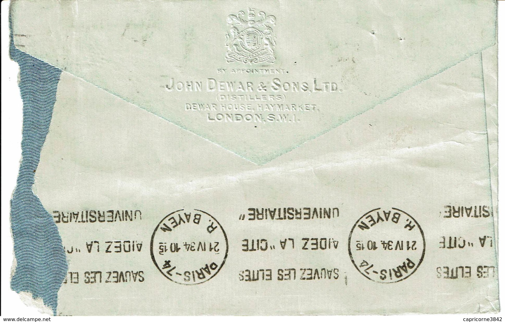 1934 - Lettre De Londres Pour Paris - Tp N° 140 + 141  Perforés D (John DEWAR & SONS Ltd) + Taxe Pour Poste Restante - Perforadas