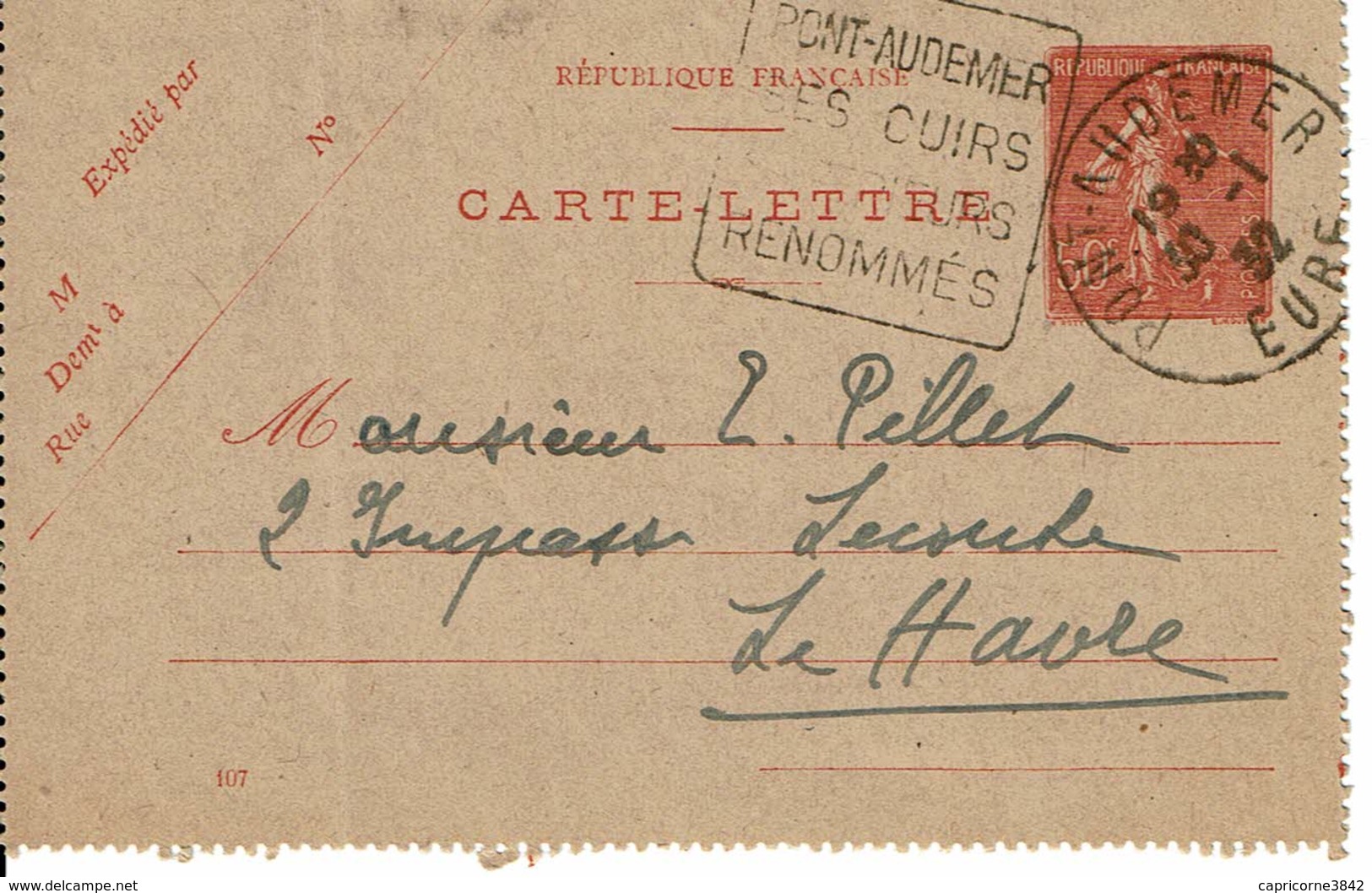 1932 - Carte Lettre De Pont Audemer Pour Le Havre - Tp Semeuse 50ct N° 199 - Date émission 107 - Kaartbrieven