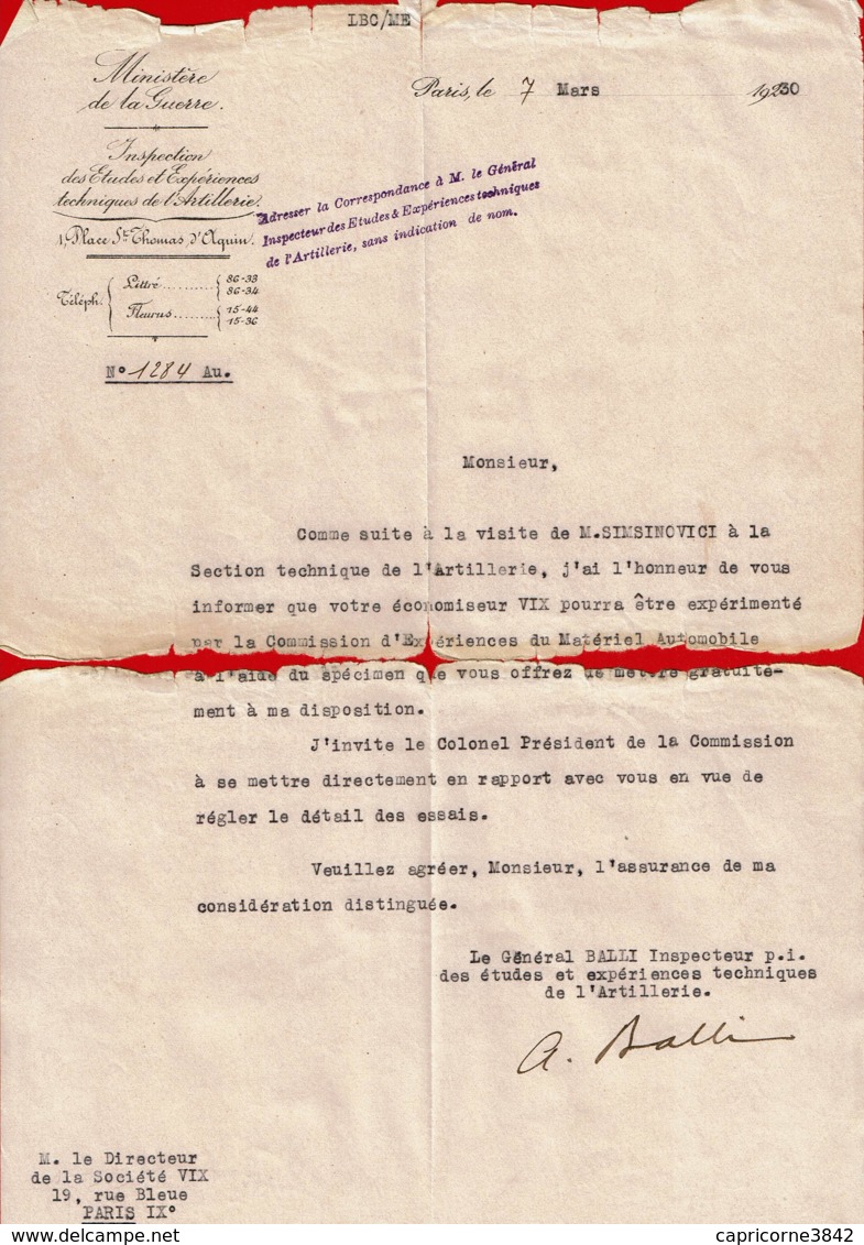 1930 - Lettre Du Ministère De La Guerre Pour Proposition D'un Essai D'un ECONOMISEUR VIX Sur Matériel Automobile - Véhicules