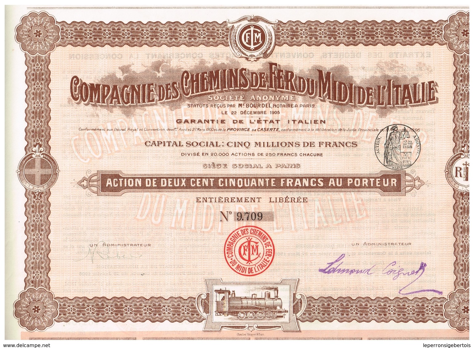 Titre Ancien - Compagnie Des Chemins De Fer Du Midi De L'Italie - Titre De 1905 - N° 9710 - Chemin De Fer & Tramway