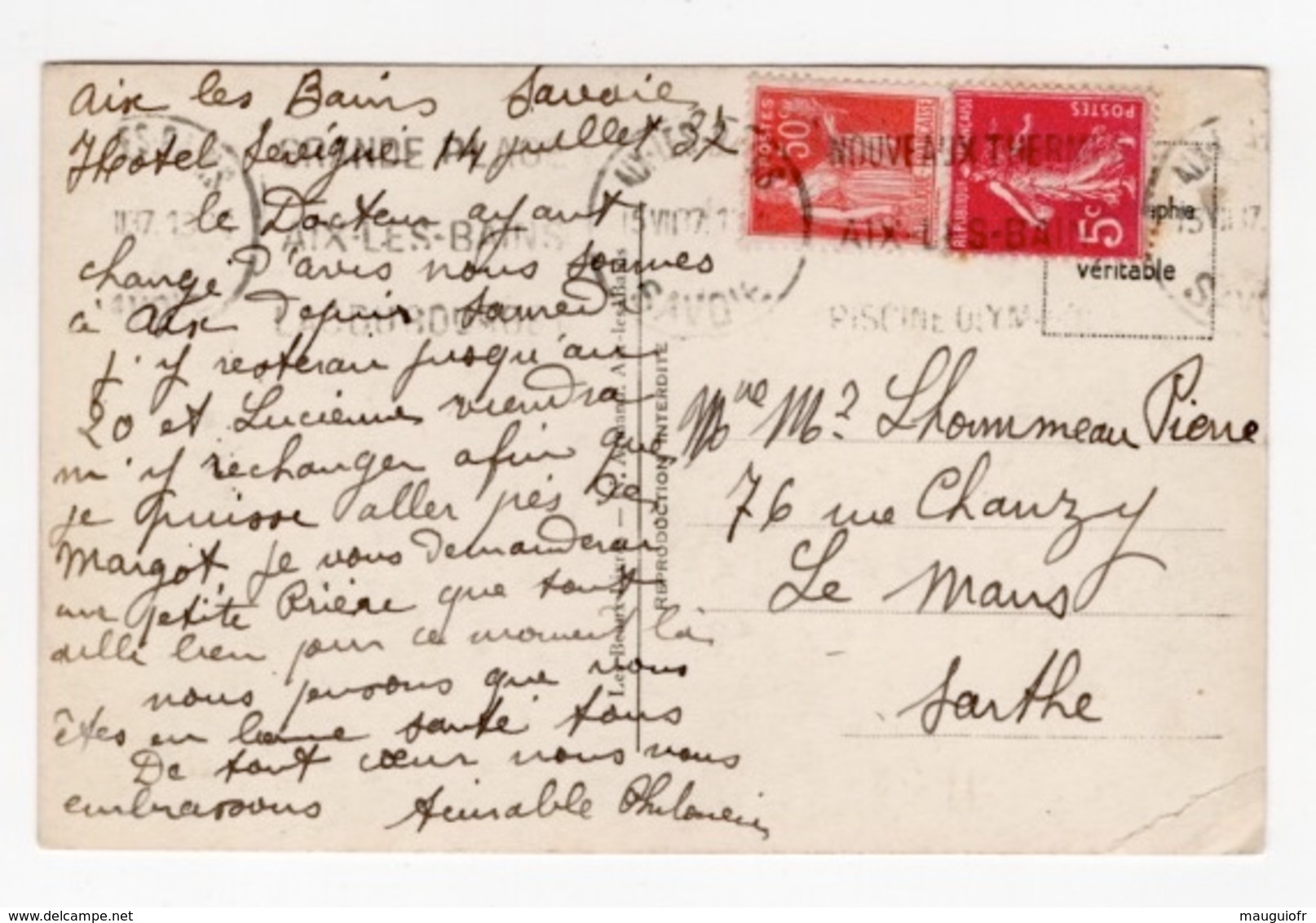 DF / FRANCE SUR CARTE POSTALE / FLAMMES : NOUVEAUX THERMES AIX-LES-BAINS 1937 SUR TP 278B SEMEUSE ET 283 TYPE PAIX - Maschinenstempel (Sonstige)