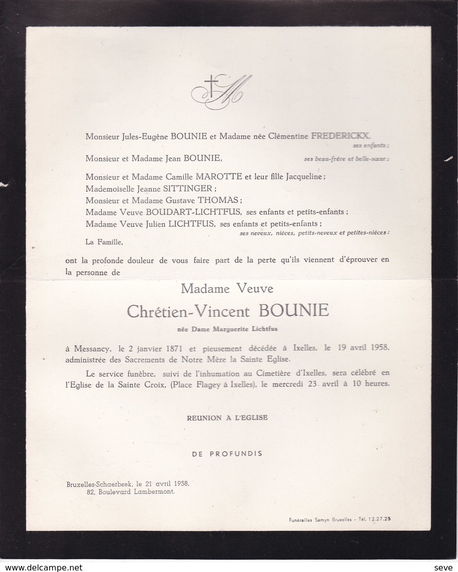 MESSANCY IXELLES Marguerite LICHTFUS Veuve Chrétien BOUNIE 1871-1958 Familles FREDERICKX MAROTTE SITTINGER - Décès