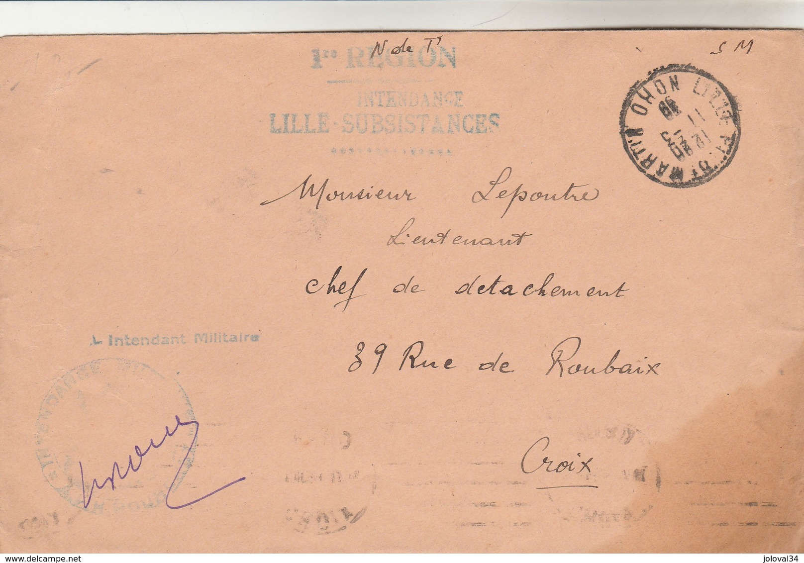 Lettre SM Cachet Intendance Lille Subsistances Lille St Martin Nord 11/3/1939 à Croix - Guerre De 1939-45