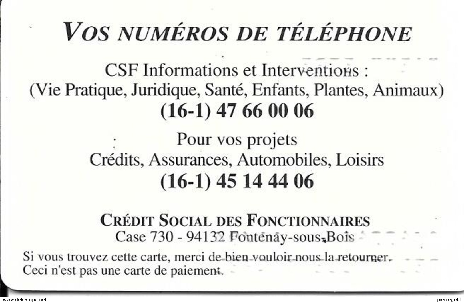 CARTE-CREDIT-1994-CSF-CREDIT SOCIAL-des FONCTIONNAIRES-TBE-RARE - Cartes Bancaires Jetables