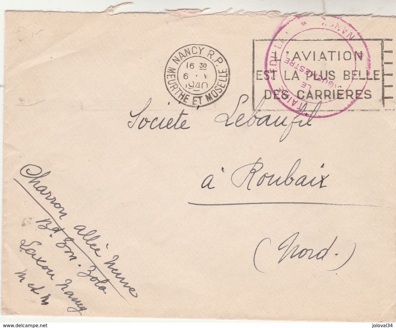 Lettre FM Cachet Hôpital Militaire SEDILLOT NANCY  Cachet Flamme L'Aviation Est La Plus Belle Des Carrières 6/5/1940 - Guerre De 1939-45