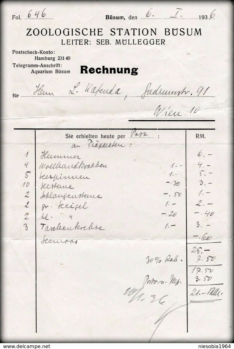 Zoologische Station Büsum Schleswig-Holstein Rechnung Leiter Seb. Müllegger 1936 - Altri & Non Classificati