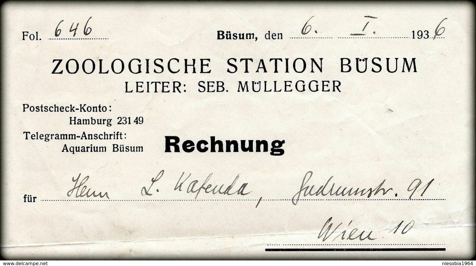 Zoologische Station Büsum Schleswig-Holstein Rechnung Leiter Seb. Müllegger 1936 - Altri & Non Classificati