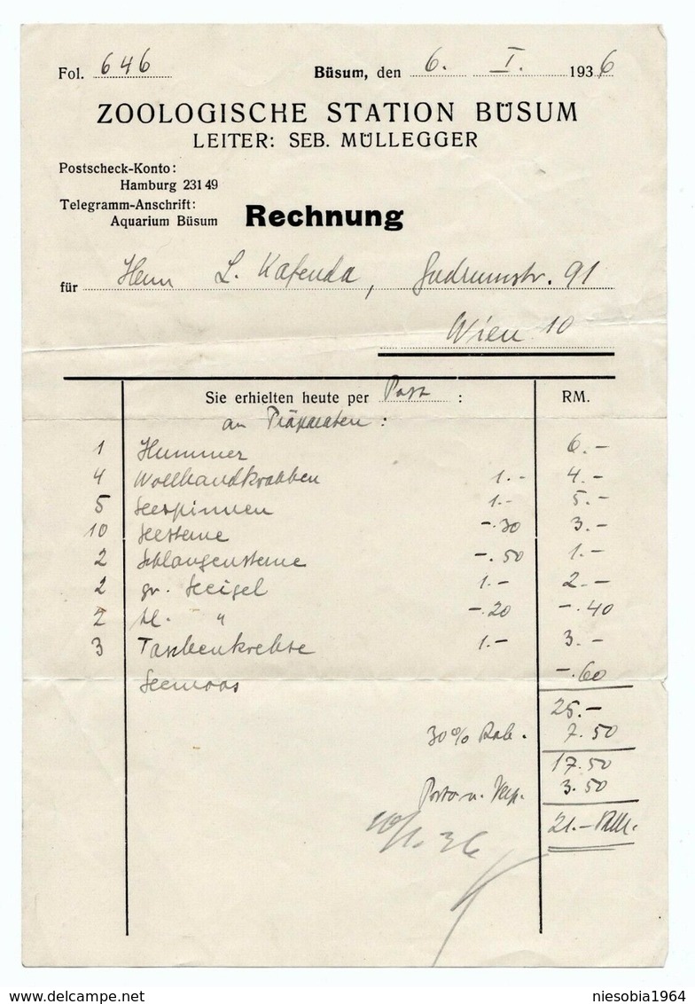 Zoologische Station Büsum Schleswig-Holstein Rechnung Leiter Seb. Müllegger 1936 - Altri & Non Classificati