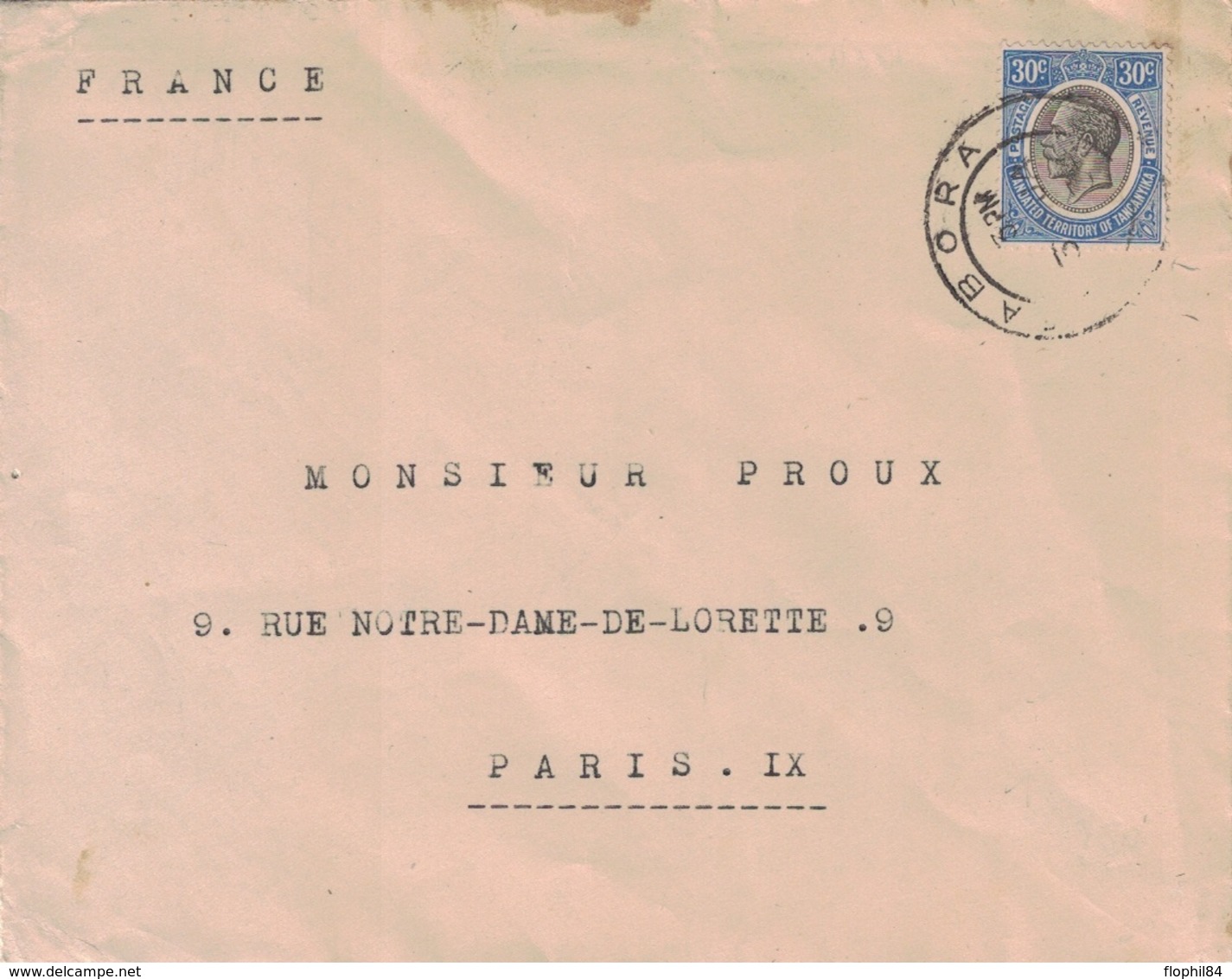 TANZANIE - TABORA - LETTRE POUR PARIS LE 6 JANVIER 1934 - VIA DAR-ES-SALAM - CACHET AU VERSO. - Tanzania (1964-...)