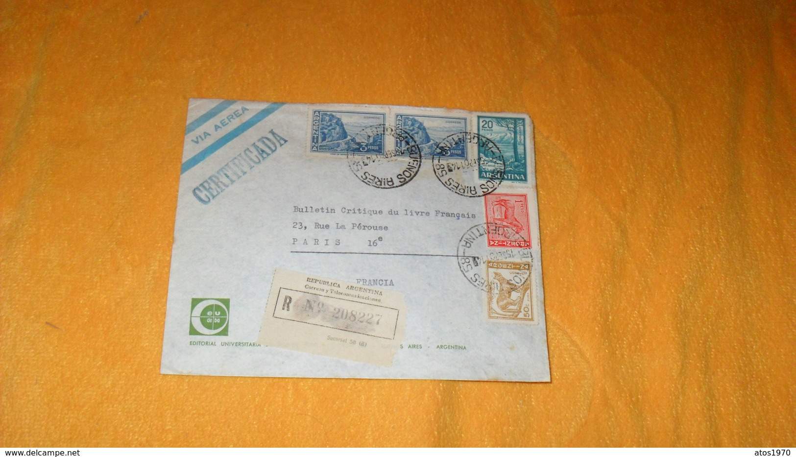 ENVELOPPE ANCIENNE DE 1961.../ ARGENTINE CACHETS BUENOS AIRES R N°208227 POUR PARIS FRANCE ..CACHETS + TIMBRES X5 - Lettres & Documents