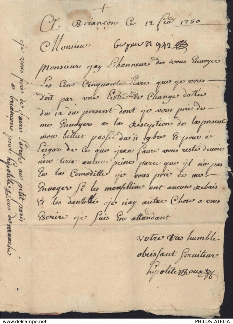 5 Hautes Alpes Marque Postale DEBRIANCON Avec N Inversés 12 Fev 1750 Noir 41mmX4 Lenain N°4 Taxe Manuscrite 5 - 1701-1800: Vorläufer XVIII