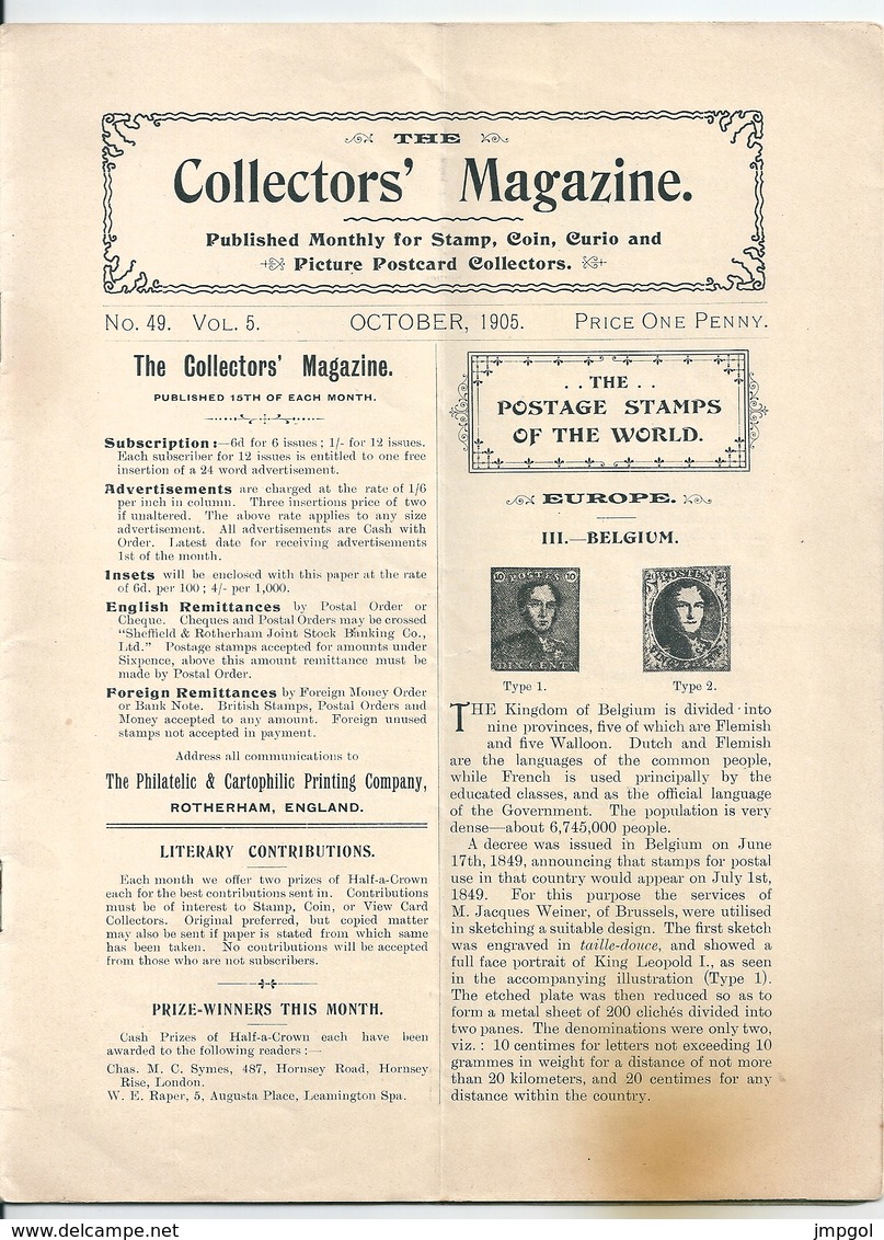 The Collector's Magazine N°49 Octobre 1905 Philatélie,Numismatique Cartes Postales Etude Timbres Belgique 1849 - Inglés (hasta 1940)