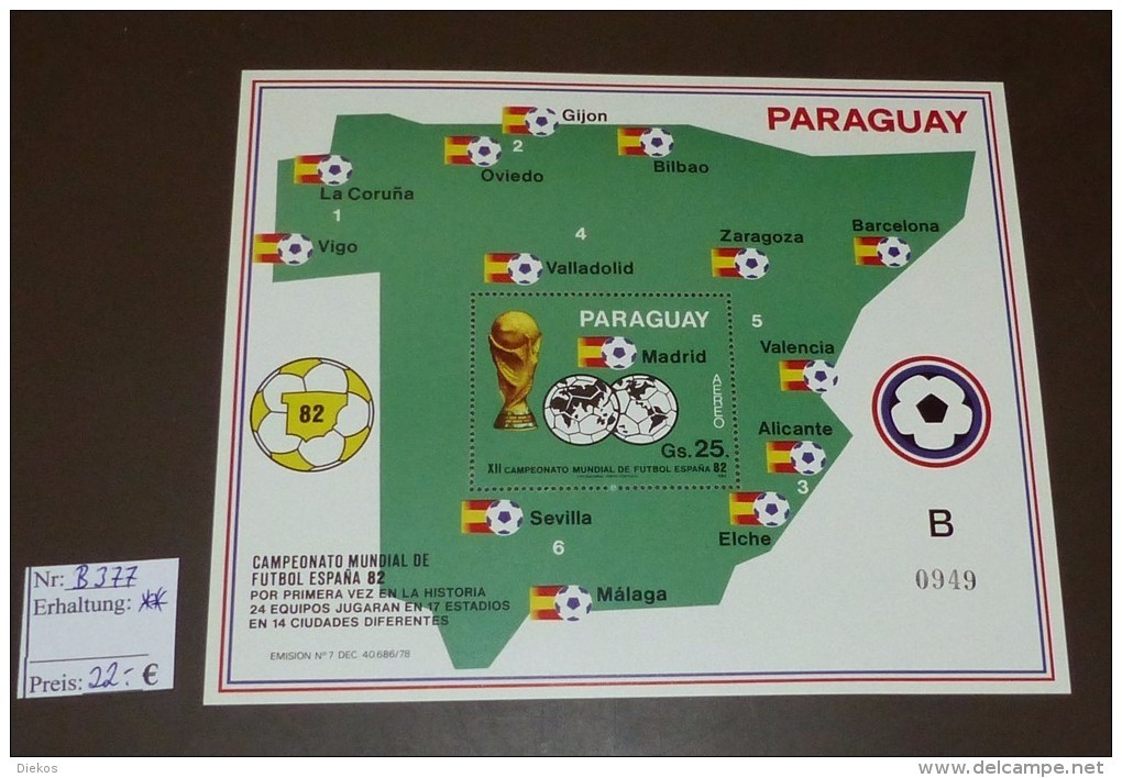 Paraguay Block Michel Nr: 377  Fußball WM Espana 1982 ** Postfrisch MNH #B538 - Paraguay