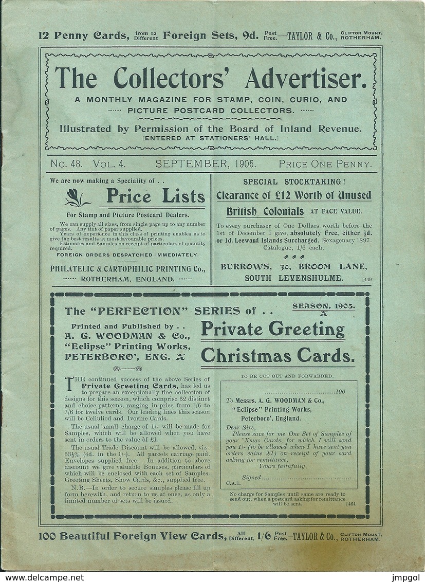 The Collector's Advertiser N°48 Septembre 1905 Philatélie,Numismatique Cartes Postales Etude Timbres Bavière 1870 - Inglés (hasta 1940)