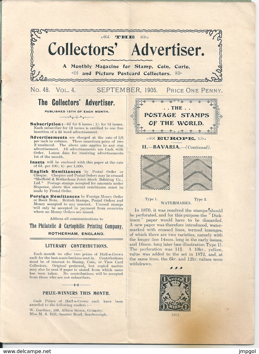 The Collector's Advertiser N°48 Septembre 1905 Philatélie,Numismatique Cartes Postales Etude Timbres Bavière 1870 - Englisch (bis 1940)