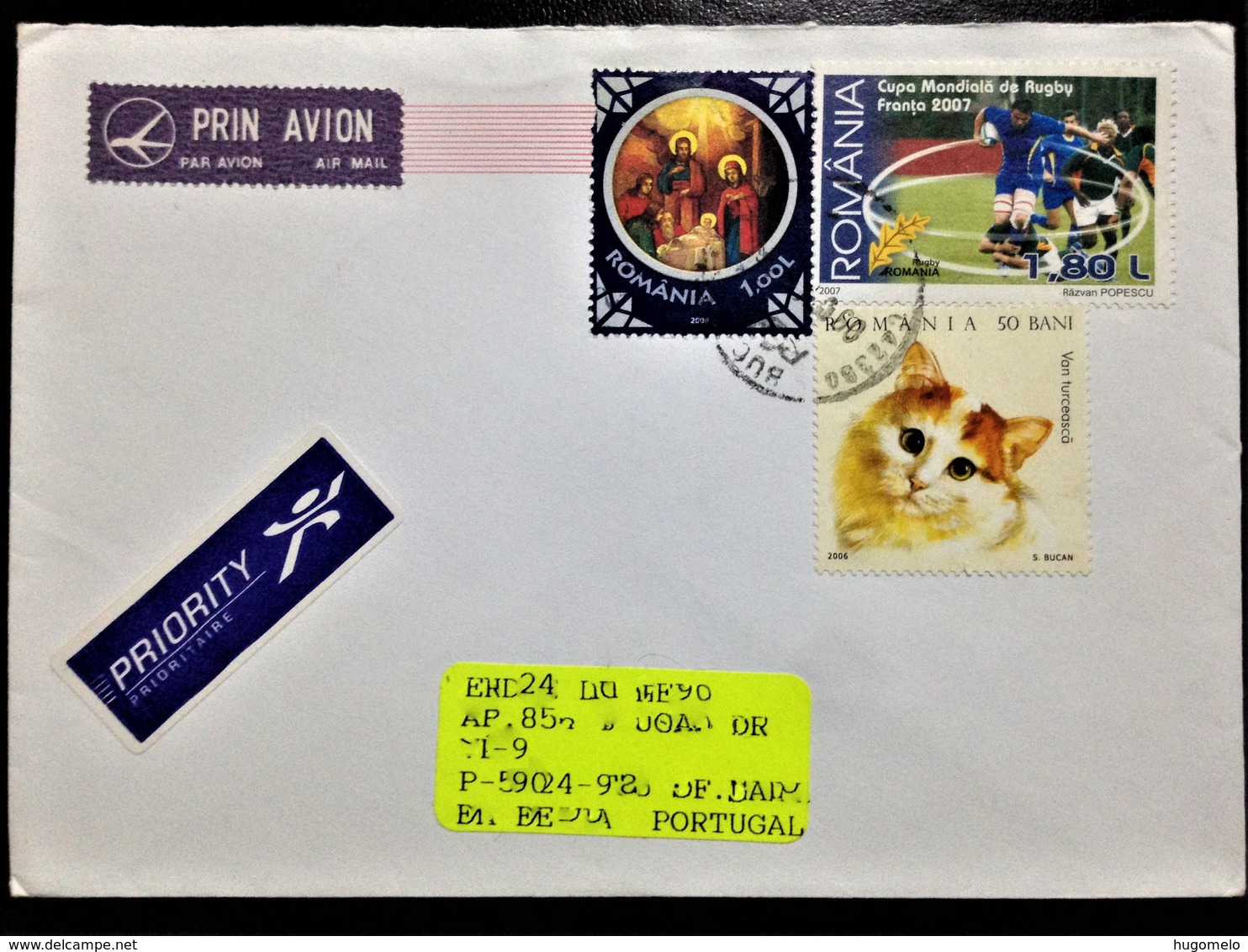 Romania,Circulated Cover To Portugal, "Rugby", "World Cup France 2007", "Nativity", "Cats", 2007 - Brieven En Documenten