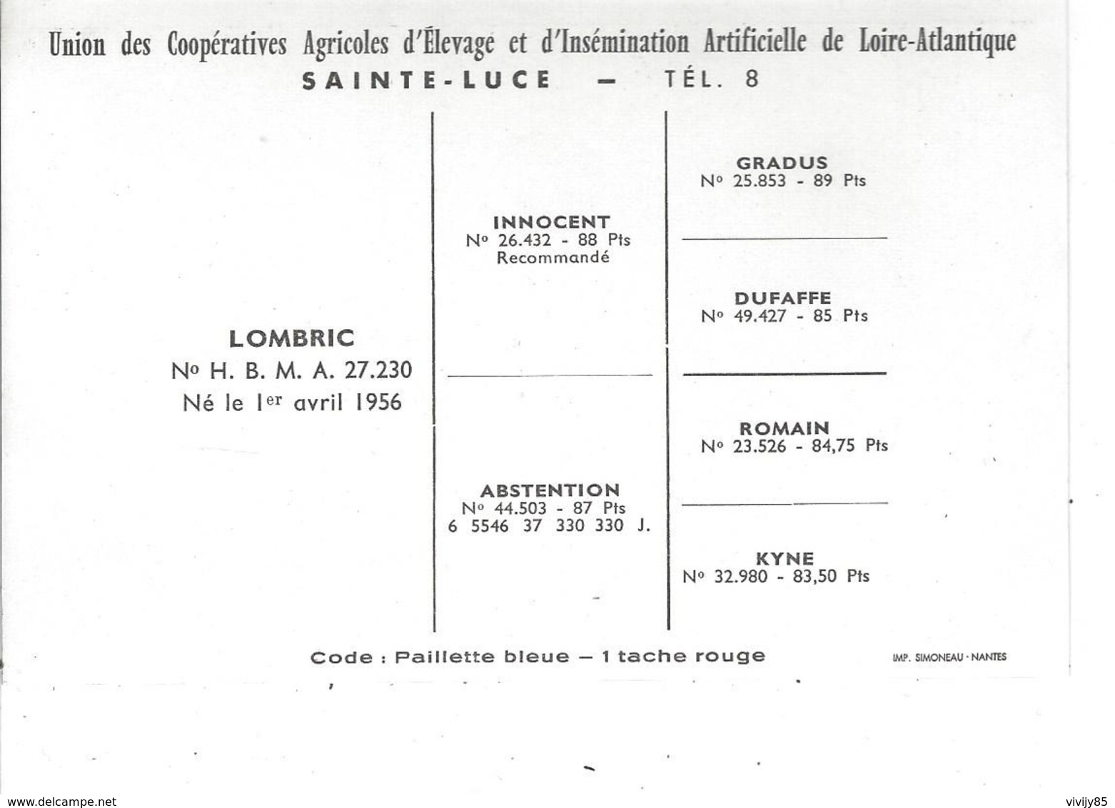 44 - Ste LUCE - T.B. Photo Du Taureau " LOMBRIC " - Union Coopérat. Elevage/ Inséminat. Atific. De LOIRE ATLANTIQUE - Autres & Non Classés