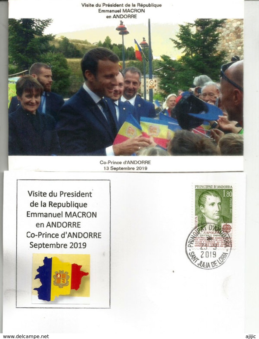 Visite Du President Macron,Co-Prince D'Andorre, Septembre 2019,au Dos Napoléon 1 Er, 1 Er Co-Prince, Avec Cachet Andorre - Collectors
