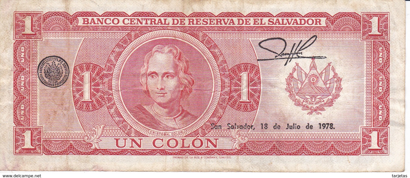 BILLETE DE EL SALVADOR DE 1 COLON DEL AÑO 1976 / 1978 DE CRISTOBAL COLON(BANKNOTE) - Salvador
