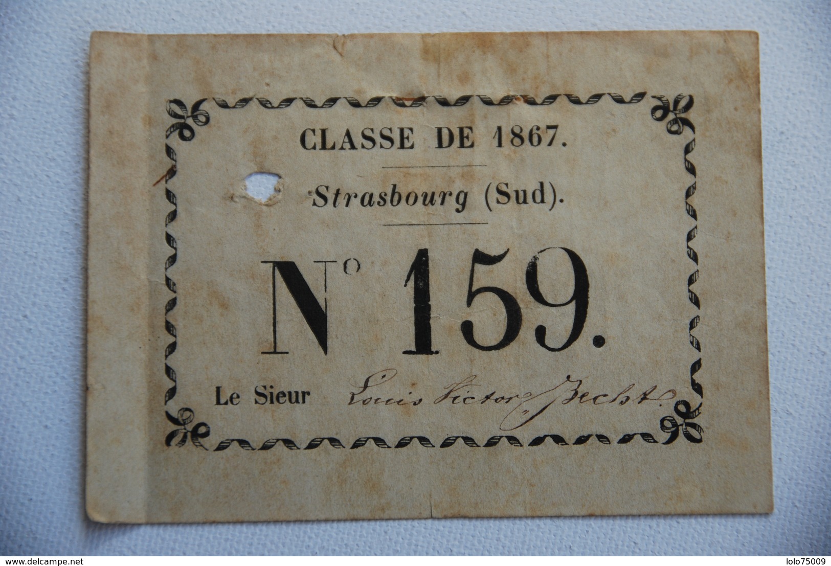 Carte Nominative Classe De 1867 Strasbourg Tres Rare Tirage Au Sort Conscript Conscription - Historical Documents