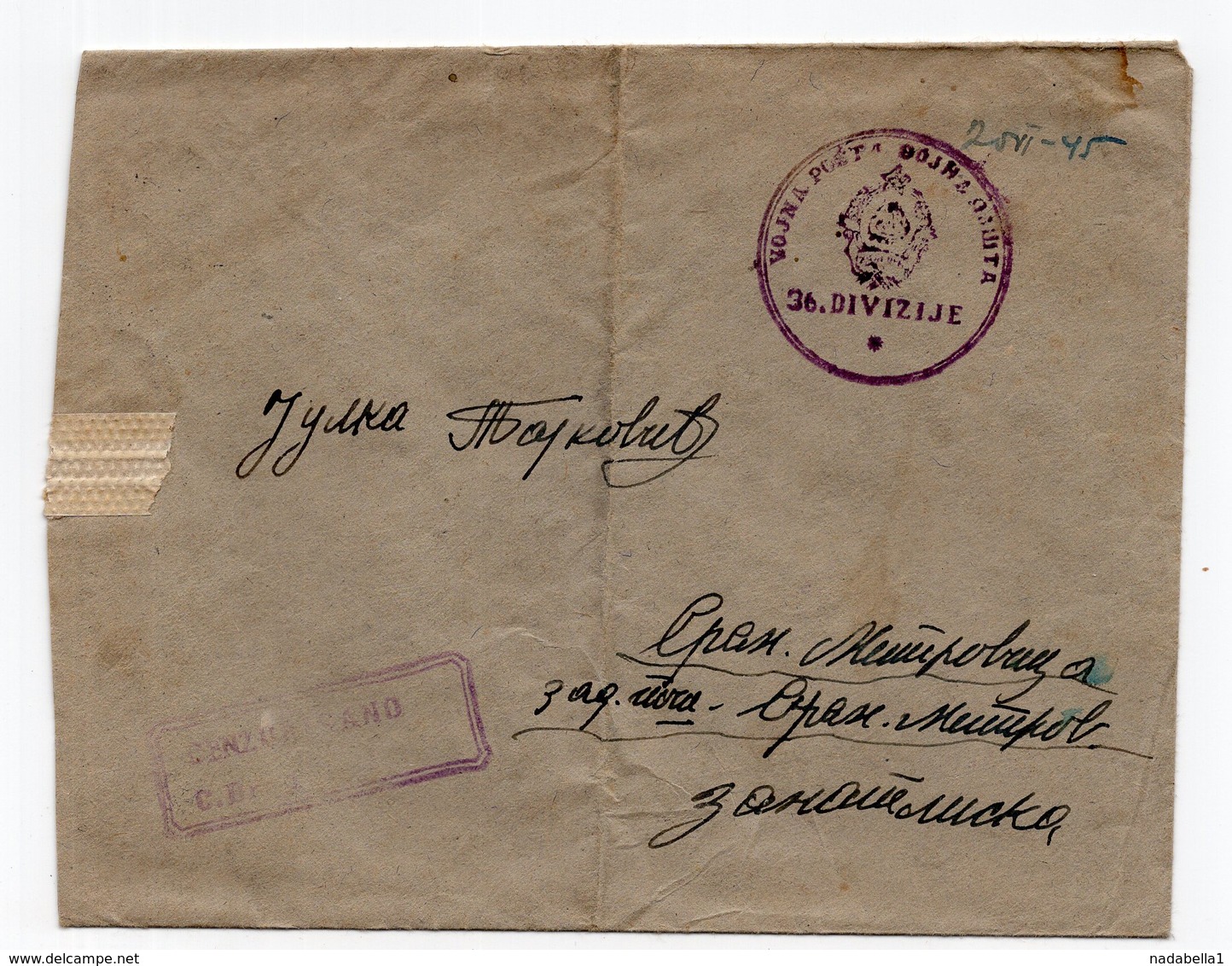 20.06.1945.YUGOSLAVIA, MILITARY POST, 3RD ARMY 36 DIVISION, AUSTRIA TO SREMSKA MITROVICA, SERBIA,PARTIZAN MAIL, CENSORED - Covers & Documents