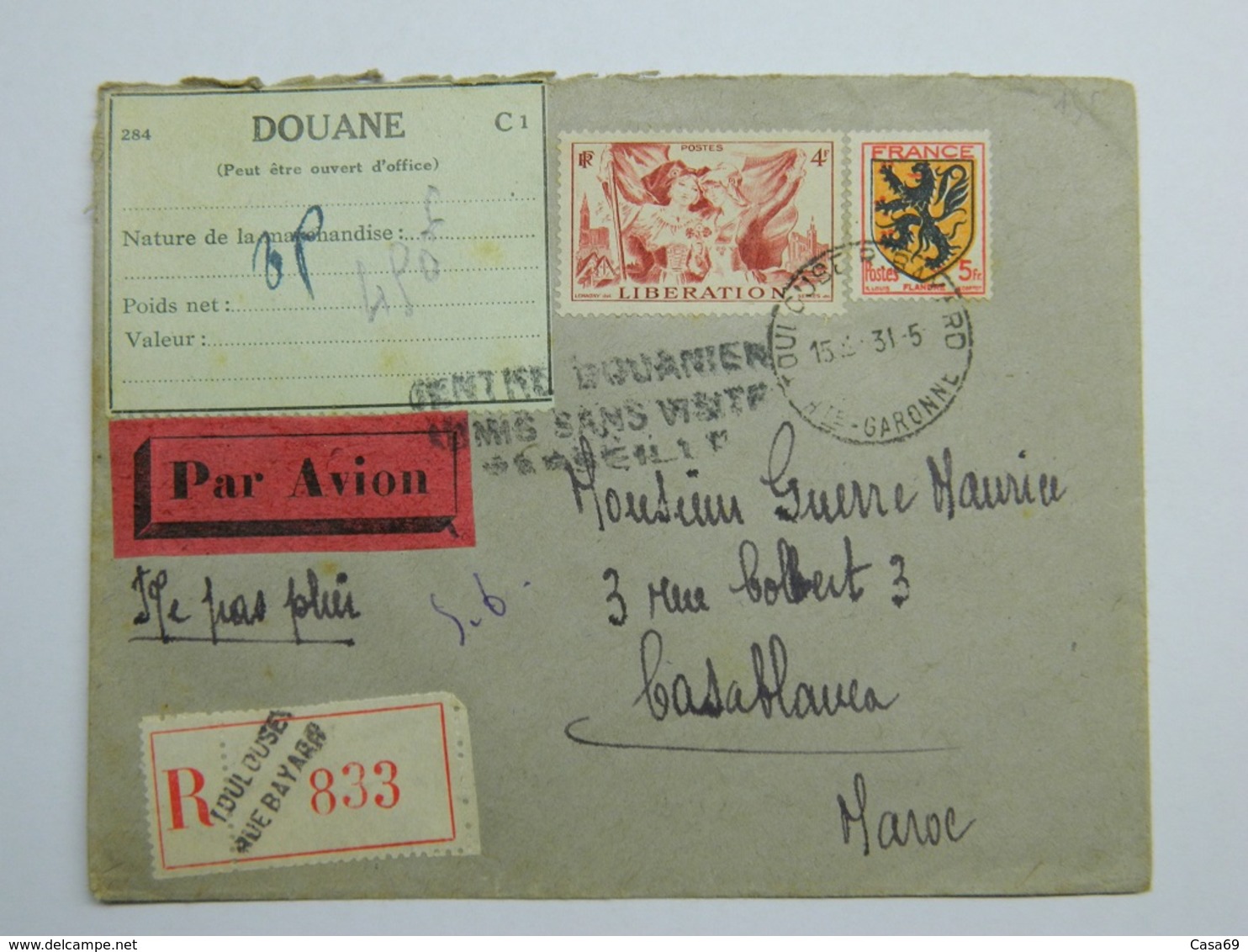 1945 Lettre Recommandée De Toulouse à Casablanca - Maroc Yvert 602, 739 Armoiries Flandre Libération Alsace Lorraine - Covers & Documents