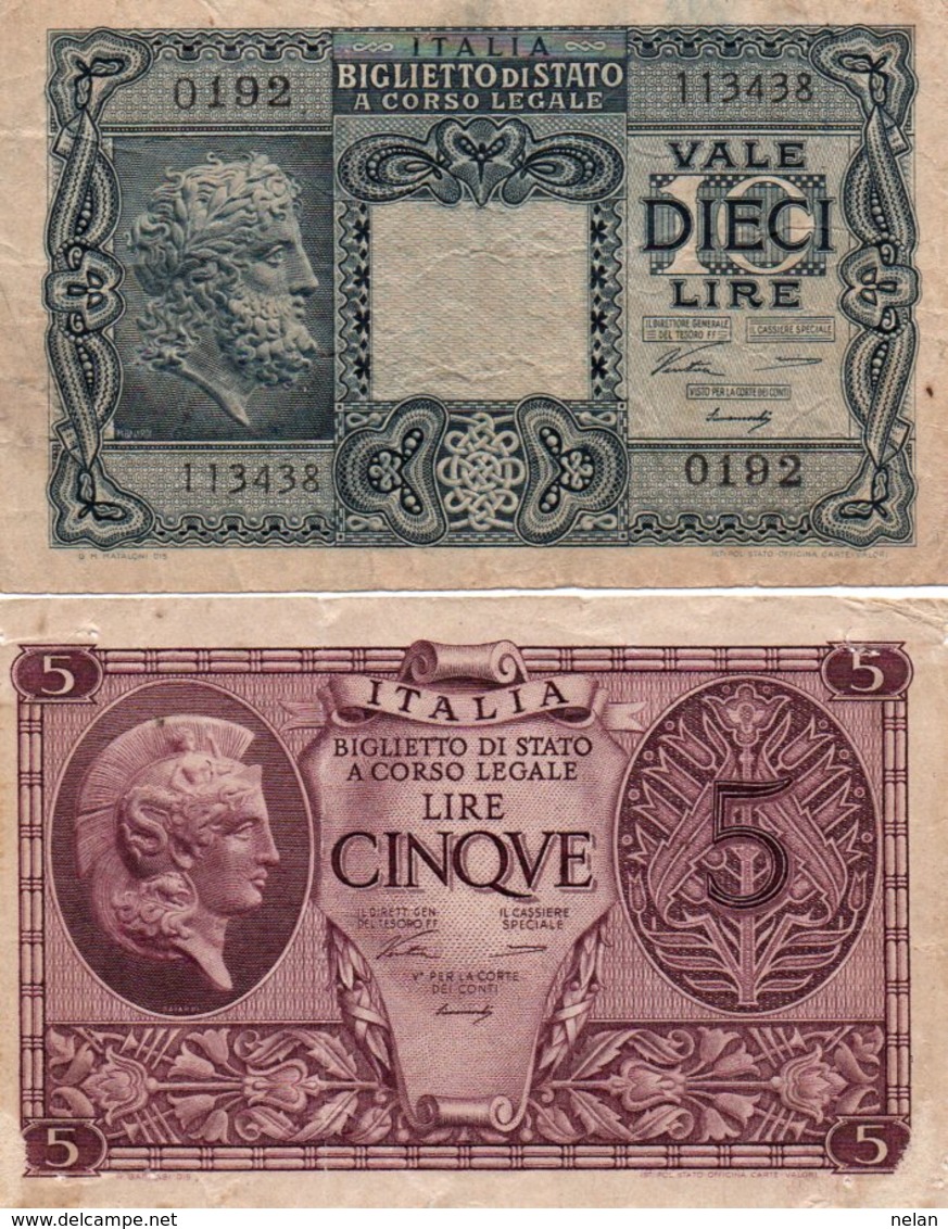 ITALIA  5,10 LIRE 1944  P-31a,32a - Italië– 5 Lire