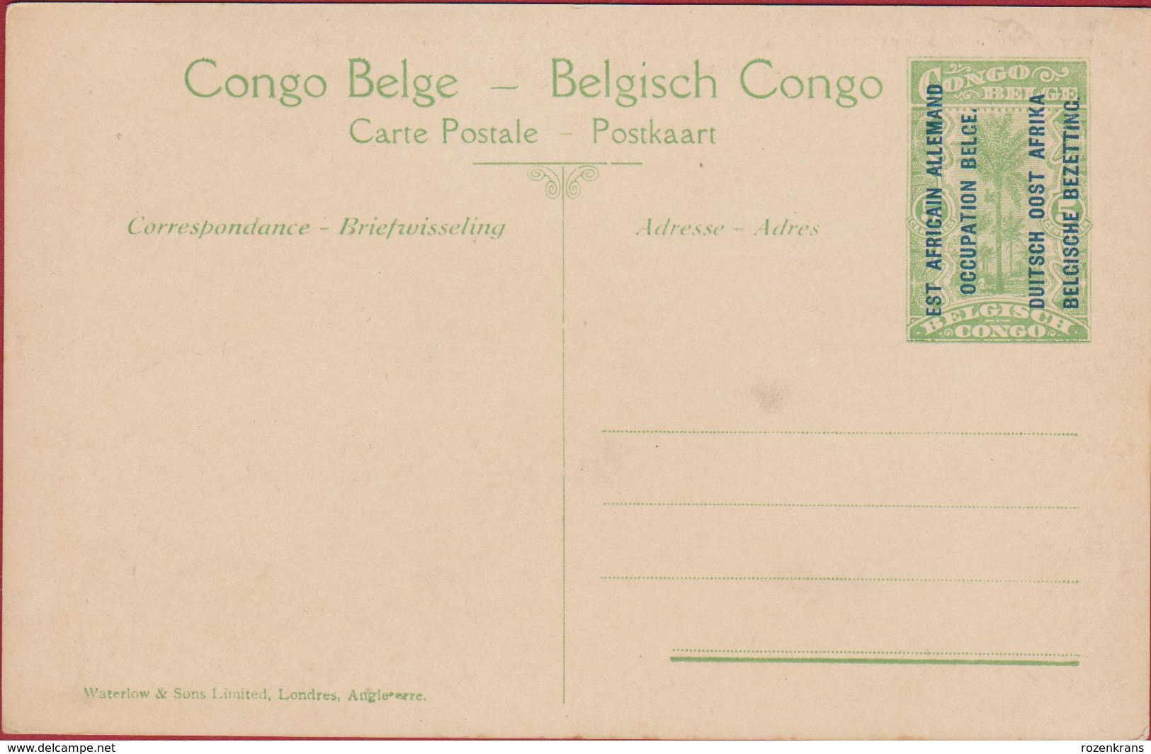 Porteurs Au Repos Belgisch Congo Belge Surchargé Est Africain Allemand Occupation Entier Postal Postwaardestuk - Entiers Postaux