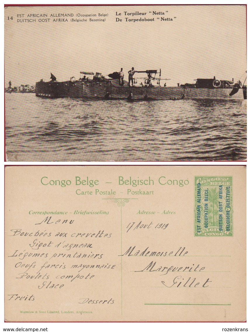 Torpilleur Netta Menu 1919 Belgisch Congo Belge Surchargé Est Africain Allemand Occupation Entier Postal Postwaardestuk - Entiers Postaux