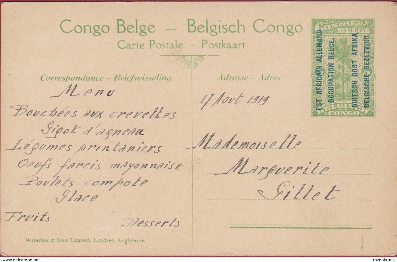 Torpilleur Netta Menu 1919 Belgisch Congo Belge Surchargé Est Africain Allemand Occupation Entier Postal Postwaardestuk - Entiers Postaux