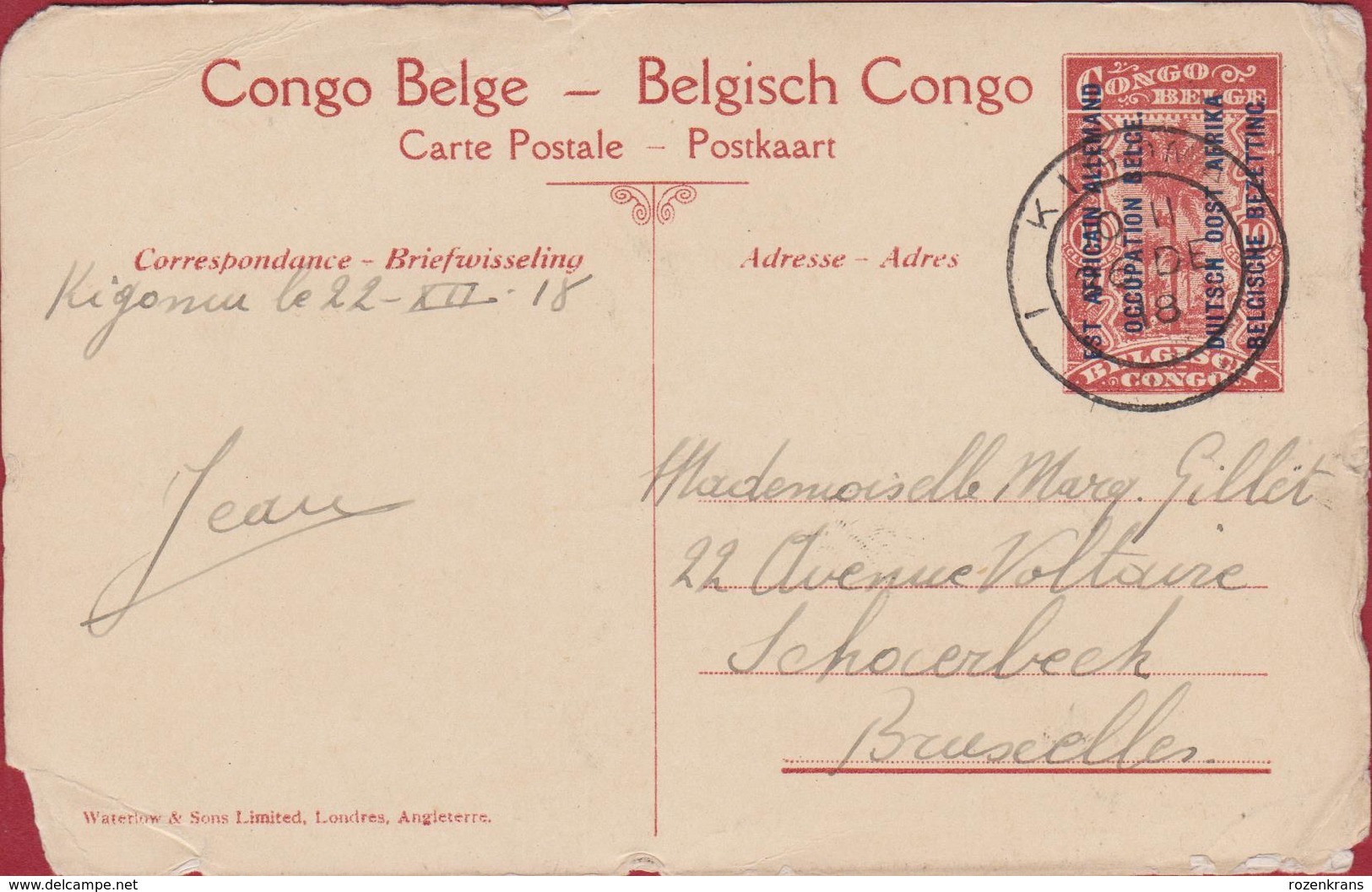 Un Pont Oblit. Kigoma 1918 Belgisch Congo Belge Surchargé Est Africain Allemand Occupation Entier Postal Postwaardestuk - Entiers Postaux
