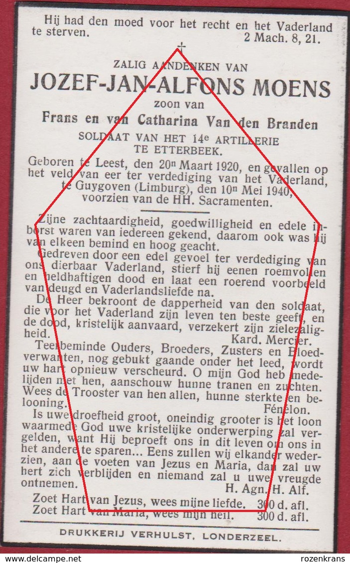 Jozef Moens Gesneuvelde Soldaat Etterbeek Leest Mechelen Guygoven 10 Mei 1940 Doodsprentje WW2 WWII World War 2 Victim - War 1939-45