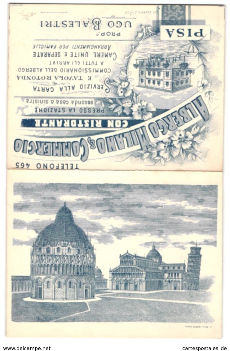 Vertreterkarte Pisa, Albergo Milano & Commercio, Hotelgebäude, Kathedrale & Schiefer Turm, Rückseitig Stadtplan - Non Classificati