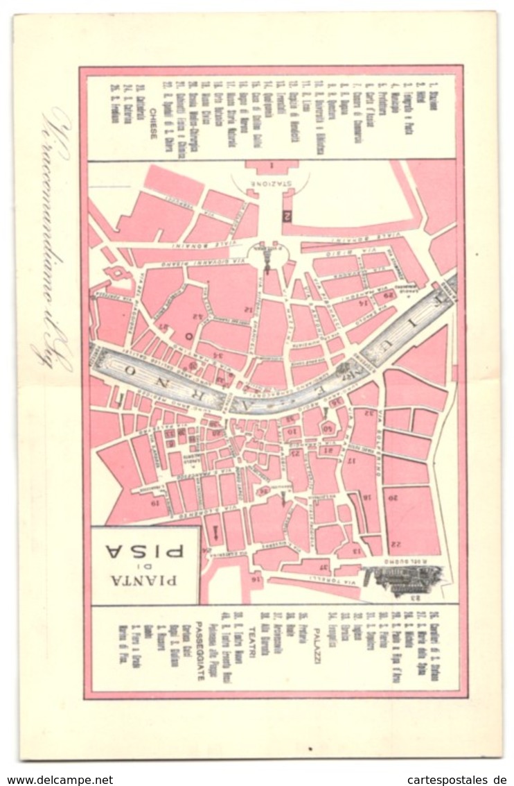 Vertreterkarte Pisa, Albergo Milano & Commercio, Hotelgebäude, Kathedrale & Schiefer Turm, Rückseitig Stadtplan - Non Classificati