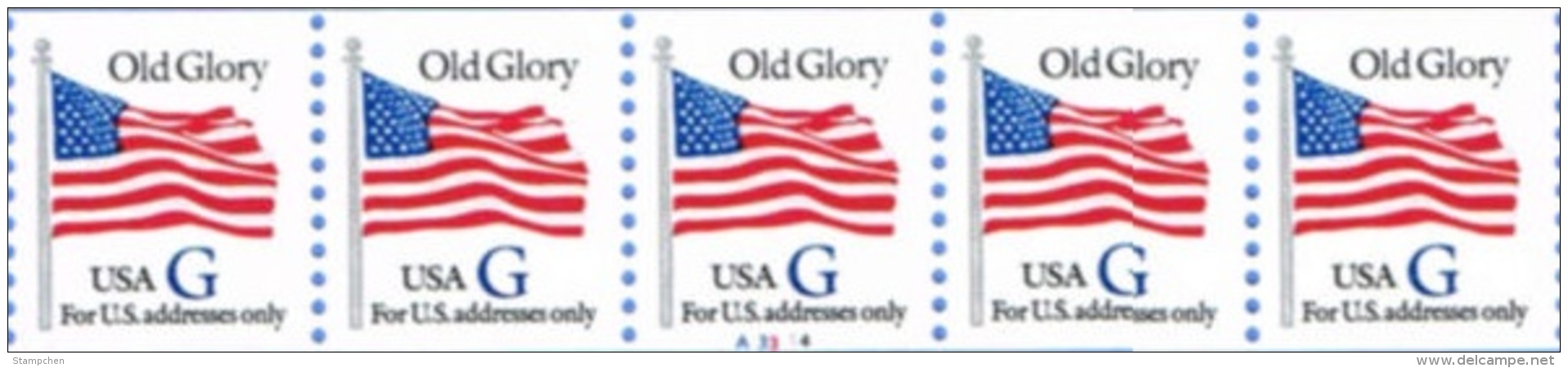 Strip 5-USA 1994 Old Glory Blue "G" Coil Stamp Plate # A3324 PNC Sc#2890 Flag Post - Rollenmarken (Plattennummern)