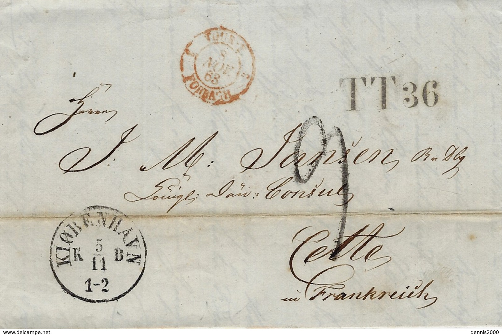 1868- Letter From Copenhagen To Cette ( France )  T T 36  +French Rating 9 D - Storia Postale