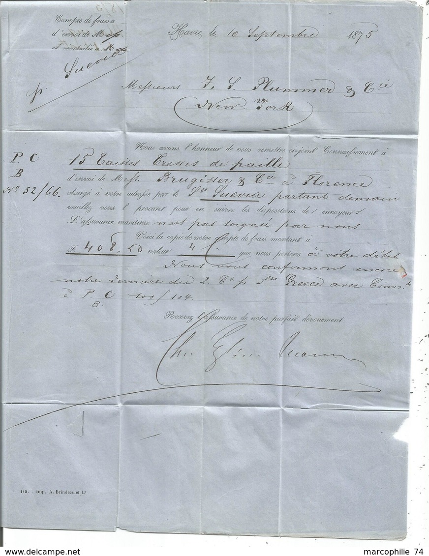 N°60X2 VARIETE LETTRE GC  LE HAVRE 11 SEPT 1875 POUR NEW YORK + VERSO CROIX DE MALTE - 1849-1876: Période Classique